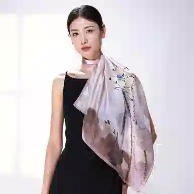 一米画纱 丝绸质感花卉图案国风印花真丝方巾踏青郊游装饰领巾拍照搭配 桑蚕丝 丝巾 女款