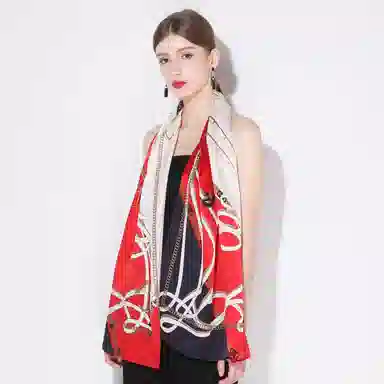 一米画纱 青春洋气丝滑优雅链条抽象图案长款披肩素绉缎出游装饰百搭长巾 桑蚕丝 丝巾 女款