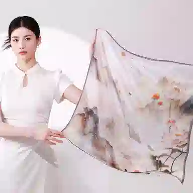 一米画纱 古典花卉雅韵国风真丝方巾旅游装饰素绸缎领巾搭配西装时尚出游 桑蚕丝 丝巾 女款