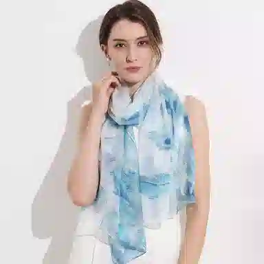 一米画纱 清新飘逸国风真丝雪纺喷绘沙巾气质仙仙花卉印花旅游拍照 桑蚕丝 丝巾 女款