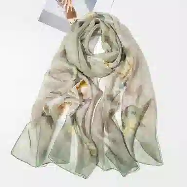 一米画纱 清新飘逸国风真丝雪纺喷绘沙巾气质仙仙花卉印花旅游拍照 桑蚕丝 丝巾 女款