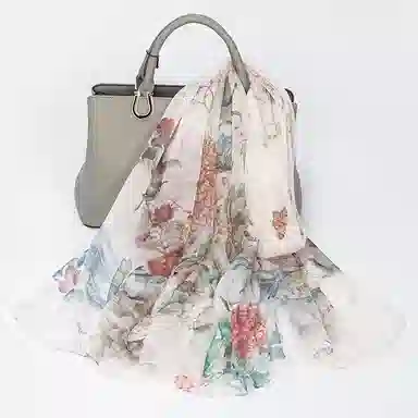 一米画纱 清新飘逸国风真丝雪纺喷绘沙巾气质仙仙花卉印花旅游拍照 桑蚕丝 丝巾 女款