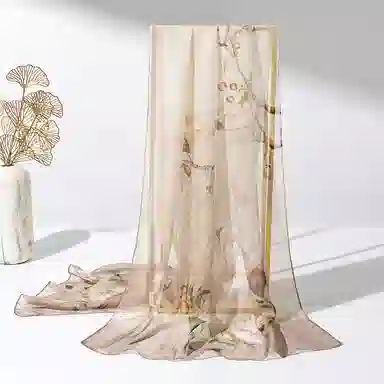 一米画纱 清新飘逸国风真丝雪纺喷绘沙巾气质仙仙花卉印花旅游拍照 桑蚕丝 丝巾 女款