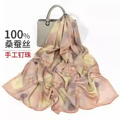 一米画纱 紫薇系列高级感立体花朵钉珠素绉缎旗袍外出中式印花 桑蚕丝 丝巾 女款