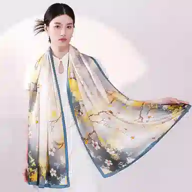 一米画纱 新潮国风优雅大方花卉图案柔软丝绸高档舒适真丝长巾东方丝语系列 桑蚕丝 丝巾 女款