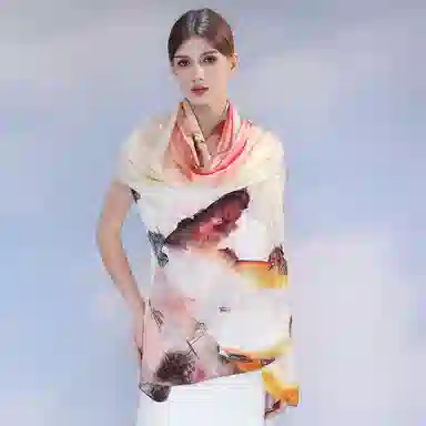 一米画纱 国风古典花卉真丝高级感提花浪漫色彩长巾外出轻盈飘逸披肩 桑蚕丝 丝巾 女款