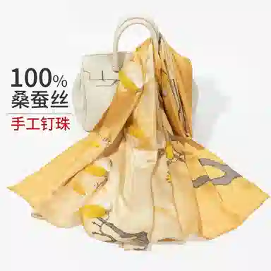 一米画纱 紫薇系列高级感立体花朵钉珠素绉缎旗袍外出中式印花 桑蚕丝 丝巾 女款