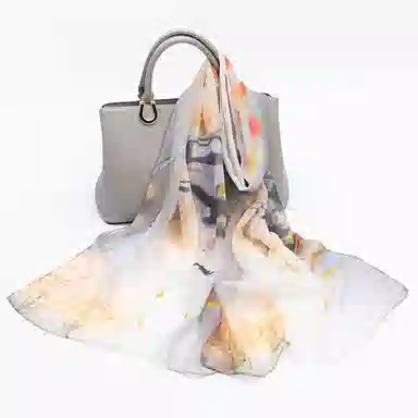 一米画纱 清新飘逸国风真丝雪纺喷绘沙巾气质仙仙花卉印花旅游拍照 桑蚕丝 丝巾 女款