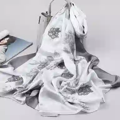 一米画纱 奢靡凝香高贵精致古典气质重工贴花喷绘真丝长款 桑蚕丝 丝巾 女款