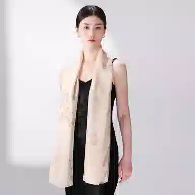 一米画纱 国风花卉轻盈透气旅游拍照外搭真丝雪纺喷绘长巾出行遮阳纱巾 丝巾 桑蚕丝 女款