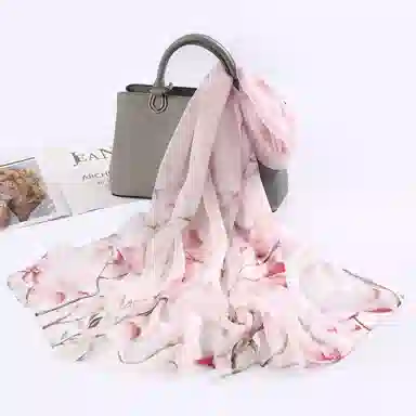 一米画纱 清新飘逸国风真丝雪纺喷绘沙巾气质仙仙花卉印花旅游拍照 桑蚕丝 丝巾 女款