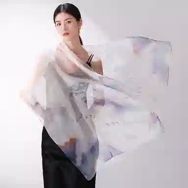 一米画纱 清新飘逸国风真丝雪纺喷绘沙巾气质仙仙花卉印花旅游拍照 桑蚕丝 丝巾 女款