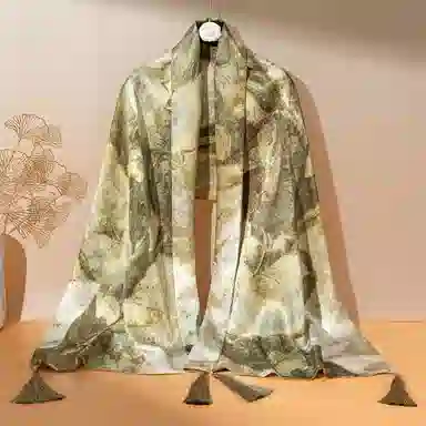 一米画纱 中式轻奢优雅古风时尚挂穗高级感喷绘奢魅系列精致女人味 桑蚕丝 丝巾 女款