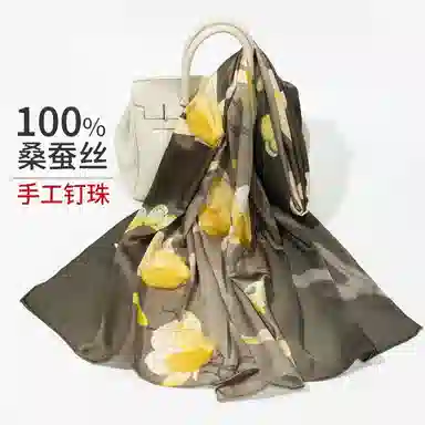 一米画纱 紫薇系列高级感立体花朵钉珠素绉缎旗袍外出中式印花 桑蚕丝 丝巾 女款