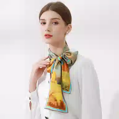 一米画纱 时尚百搭真丝双层喷绘飘带优雅气质长条领巾轻盈装饰 桑蚕丝 丝巾 女款