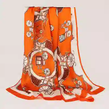 一米画纱 青春洋气丝滑优雅链条抽象图案长款披肩素绉缎出游装饰百搭长巾 桑蚕丝 丝巾 女款