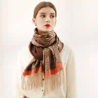 一米画纱 优雅保暖高级气质提花粗纺工艺加厚保暖高端轻奢优雅流苏 山羊绒 绒线围巾 女款