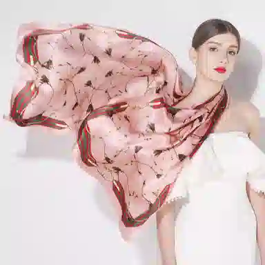 一米画纱 青春洋气丝滑优雅链条抽象图案长款披肩素绉缎出游装饰百搭长巾 桑蚕丝 丝巾 女款