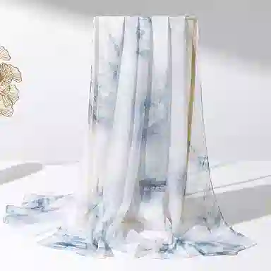 一米画纱 国风花卉轻盈透气旅游拍照外搭真丝雪纺喷绘长巾出行遮阳纱巾 丝巾 桑蚕丝 女款