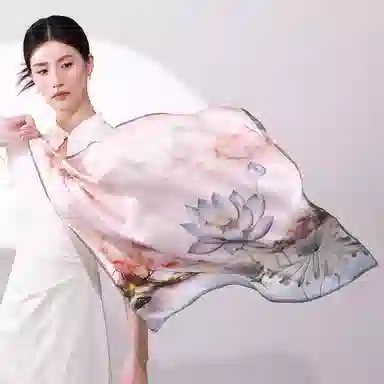 一米画纱 丝绸质感花卉图案国风印花真丝方巾踏青郊游装饰领巾拍照搭配 桑蚕丝 丝巾 女款