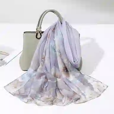 一米画纱 清新飘逸国风真丝雪纺喷绘沙巾气质仙仙花卉印花旅游拍照 桑蚕丝 丝巾 女款