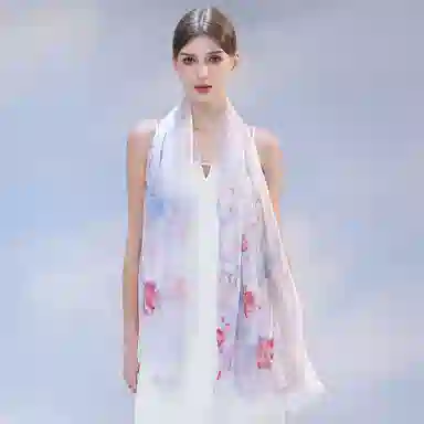 一米画纱 国风花卉轻盈透气旅游拍照外搭真丝雪纺喷绘长巾出行遮阳纱巾 丝巾 桑蚕丝 女款