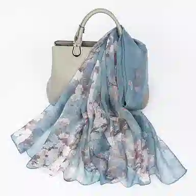 一米画纱 清新飘逸国风真丝雪纺喷绘沙巾气质仙仙花卉印花旅游拍照 桑蚕丝 丝巾 女款