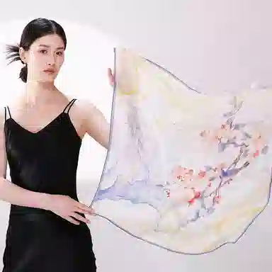 一米画纱 丝绸质感花卉图案国风印花真丝方巾踏青郊游装饰领巾拍照搭配 桑蚕丝 丝巾 女款