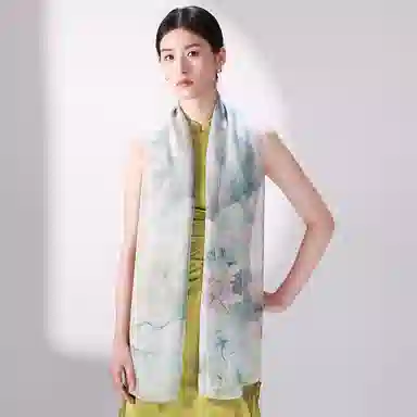 一米画纱 国风花卉轻盈透气旅游拍照外搭真丝雪纺喷绘长巾出行遮阳纱巾 丝巾 桑蚕丝 女款