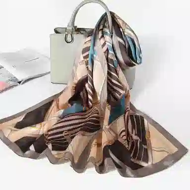 一米画纱 青春洋气丝滑优雅链条抽象图案长款披肩素绉缎出游装饰百搭长巾 桑蚕丝 丝巾 女款