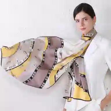 一米画纱 青春洋气丝滑优雅链条抽象图案长款披肩素绉缎出游装饰百搭长巾 桑蚕丝 丝巾 女款