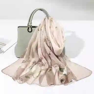 一米画纱 清新飘逸国风真丝雪纺喷绘沙巾气质仙仙花卉印花旅游拍照 桑蚕丝 丝巾 女款