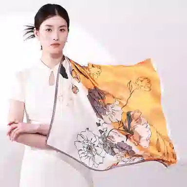 一米画纱 丝绸质感花卉图案国风印花真丝方巾踏青郊游装饰领巾拍照搭配 桑蚕丝 丝巾 女款
