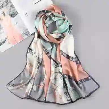 一米画纱 青春洋气丝滑优雅链条抽象图案长款披肩素绉缎出游装饰百搭长巾 桑蚕丝 丝巾 女款