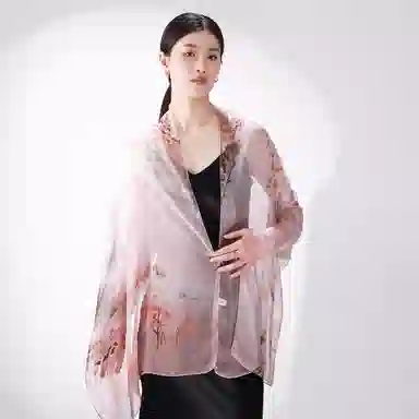 一米画纱 清新飘逸国风真丝雪纺喷绘沙巾气质仙仙花卉印花旅游拍照 桑蚕丝 丝巾 女款