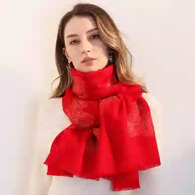 一米画纱 中式古典国风花卉贴花结婚喜宴亲肤防风保暖披风优雅精致外搭 绵羊毛 披肩 女款