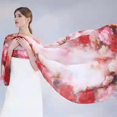 一米画纱 国风古典花卉真丝高级感提花浪漫色彩长巾外出轻盈飘逸披肩 桑蚕丝 丝巾 女款