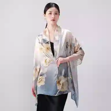 一米画纱 新潮国风优雅大方花卉图案柔软丝绸高档舒适真丝长巾东方丝语系列 桑蚕丝 丝巾 女款