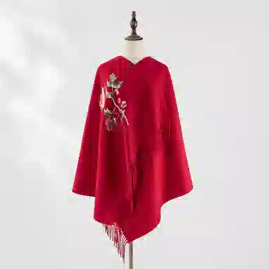 一米画纱 新中式传统盘扣精致古风花卉刺绣两用外搭加厚保暖旗袍晚礼服披风多功能优雅 绵羊毛 披肩 女款