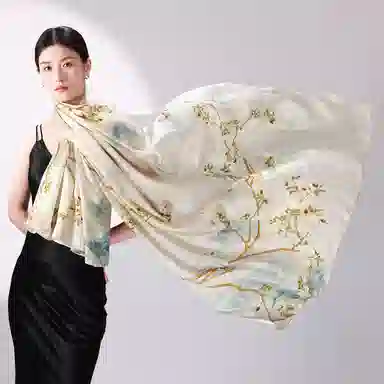 一米画纱 国风古典花卉真丝高级感提花浪漫色彩长巾外出轻盈飘逸披肩 桑蚕丝 丝巾 女款