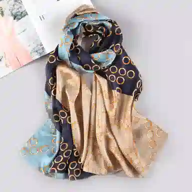 一米画纱 青春洋气丝滑优雅链条抽象图案长款披肩素绉缎出游装饰百搭长巾 桑蚕丝 丝巾 女款