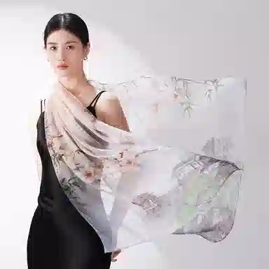 一米画纱 田园花卉轻盈飘逸中式浪漫雪纺真丝沙巾丝滑细腻披肩 桑蚕丝 丝巾 女款