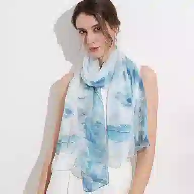 一米画纱 清新飘逸国风真丝雪纺喷绘沙巾气质仙仙花卉印花旅游拍照 桑蚕丝 丝巾 女款