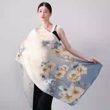 一米画纱 新潮国风优雅大方花卉图案柔软丝绸高档舒适真丝长巾东方丝语系列 桑蚕丝 丝巾 女款