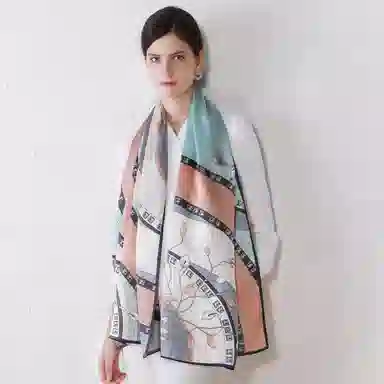 一米画纱 青春洋气丝滑优雅链条抽象图案长款披肩素绉缎出游装饰百搭长巾 桑蚕丝 丝巾 女款