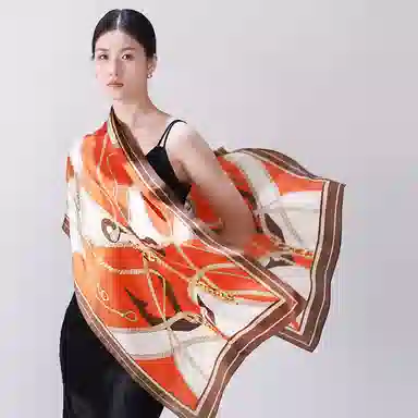 一米画纱 青春洋气丝滑优雅链条抽象图案长款披肩素绉缎出游装饰百搭长巾 桑蚕丝 丝巾 女款