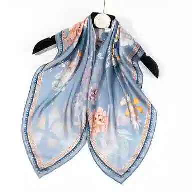 一米画纱 丝绸质感花卉图案国风印花真丝方巾踏青郊游装饰领巾拍照搭配 桑蚕丝 丝巾 女款