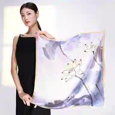 一米画纱 丝绸质感花卉图案国风印花真丝方巾踏青郊游装饰领巾拍照搭配 桑蚕丝 丝巾 女款