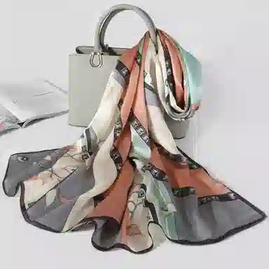 一米画纱 青春洋气丝滑优雅链条抽象图案长款披肩素绉缎出游装饰百搭长巾 桑蚕丝 丝巾 女款