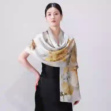一米画纱 新潮国风优雅大方花卉图案柔软丝绸高档舒适真丝长巾东方丝语系列 桑蚕丝 丝巾 女款